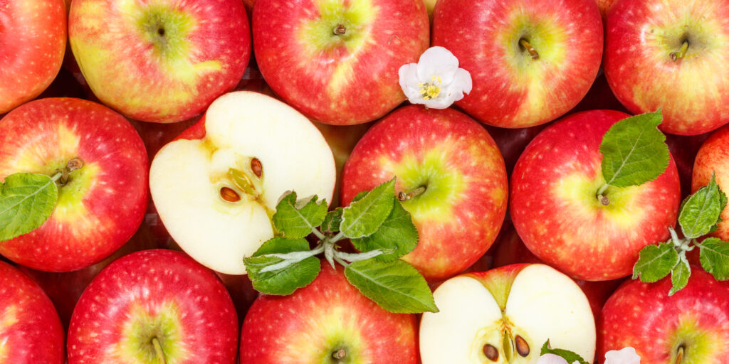 Apples fruits red apple fruit with leaves from above panorama background sliced